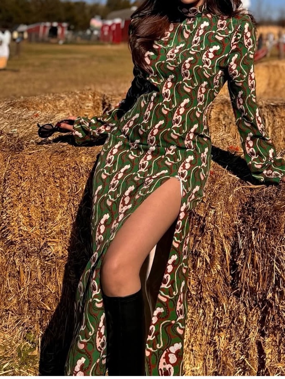 Zara Green Printed Long-Sleeve Maxi Dress with High Slit
